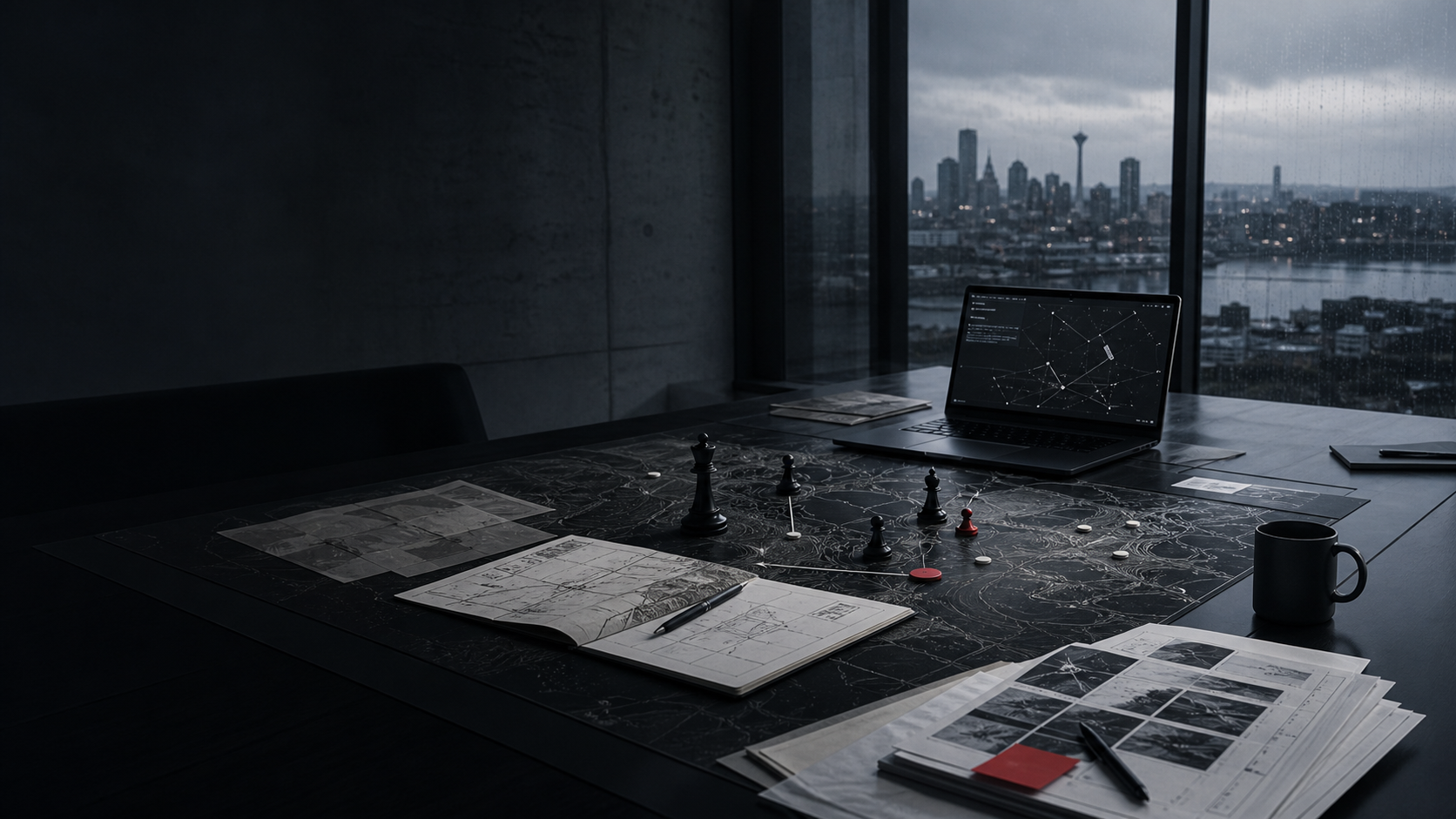 Strategy table with decision map, evidence notes, and operating-system planning tools overlooking the Seattle skyline.